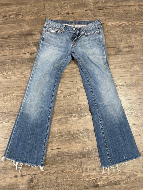 7 For All Mankind Denim - 7 For All Mankind Medium Blue Flare Jeans with Raw Hem